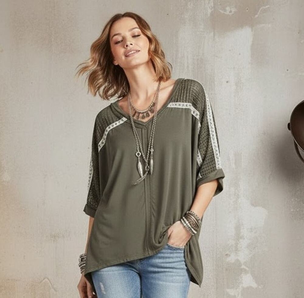 POL oversized semi-cropped Jersey Knit and Crochet Studded Top in Green